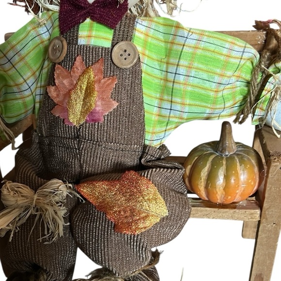 Fall Scarecrow Sitting on a Wooden Bench with a Pumpkin Autumn Scene Fall Decor - Picture 2 of 7